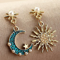 Orecchini asimmetrici luna e sole smaltati con perla in plastica con perline, orecchini pendenti in lega d'oro per le donne, turchese, 35~36mm