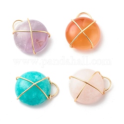 Natural & Synthetic Gemstone Pendants, with Real 18K Gold Plated Copper Wire Wrapped, Flat Round, Mixed Color, 23.5x20x10mm, Hole: 6.8x4mm