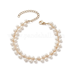 Bracelet à breloques à perles rondes en perles de coquillage, bijoux en laiton doré pour femme, blanc, 7-1/4 pouce (18.5 cm)
