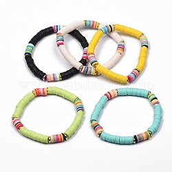 Handmade Polymer Clay Heishi Beads Stretch Bracelets, with Brass Spacer Beads, Mixed Color, Inner Diameter: 2-1/4 inch(5.6cm)