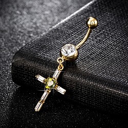 Piercing Jewelry, Brass Cubic Zirconia Navel Ring, Belly Rings, with Surgical Stainless Steel Bar, Cadmium Free & Lead Free, Real 18K Gold Plated, Cross, Olive Drab, 48x16mm, Bar: 15 Gauge(1.5mm), Bar Length: 3/8