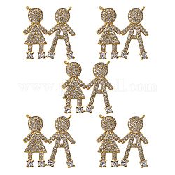 5Pcs Brass Micro Pave Clear Cubic Zirconia Pendants, Nickel Free, Couples, Real 16K Gold Plated, 18.5x18x3mm, Hole: 1mm