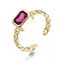 Brass Micro Pave Cubic Zirconia Cuff Rings, Open Rings, Nickel Free, Curb Chain Shape, Rectangle Octagon, Real 16K Gold Plated, Medium Violet Red, US Size 6(16.5mm)