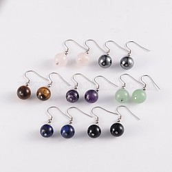 Round 304 Stainless Steel Natural Mixed Stone Dangle Earrings, 35mm, Pin: 0.8mm