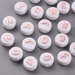 Perles acryliques blanches opaques, avec de la poudre de paillettes, trou horizontal, plat rond avec des lettres aléatoires, saumon noir, 10x6mm, Trou: 2mm, environ 1560 pcs/500 g