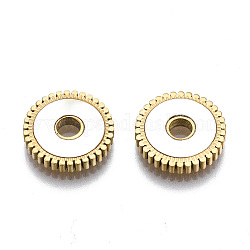304 Stainless Steel Spacer Beads, with Shell, Flat Round with Gead Edge, Seashell Color, Real 14K Gold Plated, 12x2mm, Hole: 2.5mm
