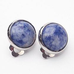 Synthetic Sodalite Brass Clip-on Earrings, Flat Round, Royal Blue, 14x10mm