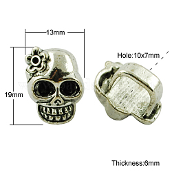 Tibetan Style Slide Charms, Cadmium Free & Lead Free, Skull, for Halloween, Antique Silver, 19x13x6mm, Hole: 10x7mm