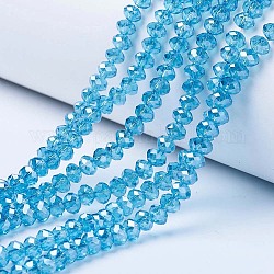 FilI di perline in vetro placcato, lustro di perla placcato, sfaccettato, rondelle, cielo blu profondo, 8x6mm, Foro: 1 mm, circa 65~72pcs/filo, 15.7~16.1 pollice (40~41 cm)