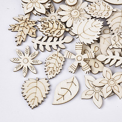 Laser Cut Wood Shapes, Unfinished Wooden Embellishments, Wooden Cabochons, Mixed Shapes, Flower and Leaf, PapayaWhip, 27.5~29.5x14.5~30x2.5mm