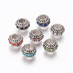 Tibetan Style Alloy European Beads, with Rhinestone, Large Hole Beads, Rondelle, Mixed Color, 10~11x7mm, Hole: 5mm