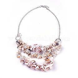 Shell Bib Statement Necklaces, with Acrylic Imitation Pearl and Iron Rolo Chains, Platinum, 21.8 inch(55.5cm)