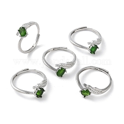 Green Synthetic Goldstone Oval & Rhinestone Wing Adjustable Rings, Rack Plating Brass Ring for Women, Platinum, US Size 7 1/4(17.5mm)