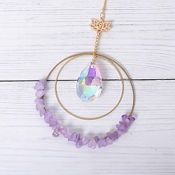 Double Round Ring Chip Natural Amethyst Window Hanging Pendant Decorations, with Glass & Iron Findings, 280mm
