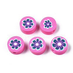 Manuell Polymer Ton Perlen, für DIY Schmuck Bastelbedarf, flach rund mit Blume, neon rosa , 9.5~10x4.5 mm, Bohrung: 1.8 mm