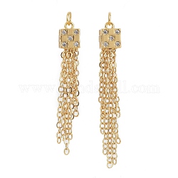 Brass Micro Pave Clear Cubic Zirconia Pendants, with Jump Rings, Long-Lasting Plated, Cube with Tassel, Real 18K Gold Plated, 40x5mm, Hole: 2.5mm