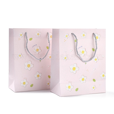 花柄の紙袋が付いている長方形  ハンドル付き  ギフトバッグやショッピングバッグ用  ピンク  24.5x19.5x9.7cm  折りたたみ：24.5x19.5x0.4cm  12個/袋 CARB-F008-01A-1