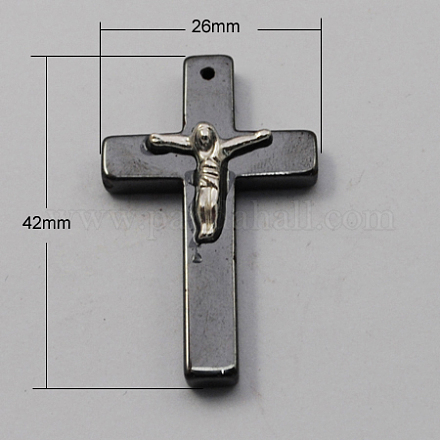 磁気無しヘマタイトペンダント  イースターのために  グレードA  十字架クロス  ブラック  42x26x8mm  穴：1mm G-Q894-31-1