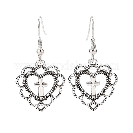 Alloy Heart with Cross Dangle Earrings for Women EJEW-JE05133-1