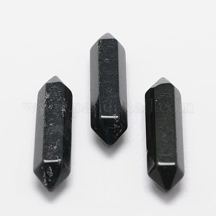 ワイヤーラップペンダントを作るための多面的な弾丸の合成宝石ポイントビーズ  二重には穴のビーズを指摘していません  ブラック  30x9x9mm G-K003-30mm-03-1