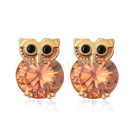Real 18K Gold Plated Brass Owl Cubic Zirconia Stud Earrings EJEW-EE0001-255C-1