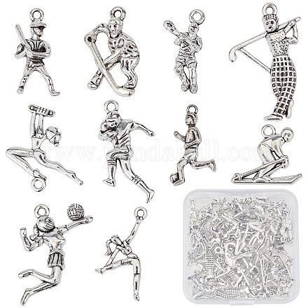 SUNNYCLUE 1 Box 60Pcs Sport Charms Sports Charm Tibetan Style Volleyball Player Charm Hockey Baseball Golf Rugby Soccer Player Gymnast Golfer Alloy Charms for Jewelry Making Charm DIY Craft Supplies FIND-SC0003-69-1