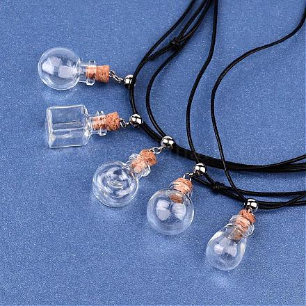 Mixed Shapes Glass Wishing Bottle Adjustable Cowhide Leather Cord Pendant Necklaces NJEW-JN01561-1
