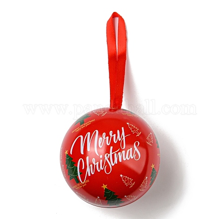 ブリキの丸いボールキャンディー収納記念品ボックス  クリスマスメタルハンギングボールギフトケース  クリスマスツリー  16x6.8cm CON-Q041-01G-1