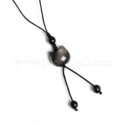 天然銀黒曜石ペンダント携帯ストラップ用  ハギングチャーム装飾  猫の形  12cm PW-WG59344-07-1