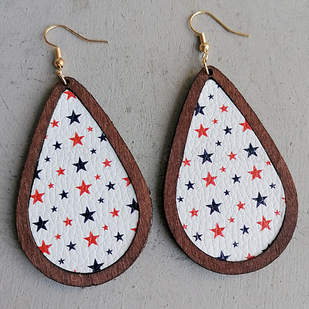 Boucles d'oreilles en forme de larme couleur drapeau avec étoile en cuir et bois GUQI-PW0001-142A-1