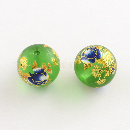 Flower Pattern Frosted Glass Round Beads GFB-R004-14mm-C15-1