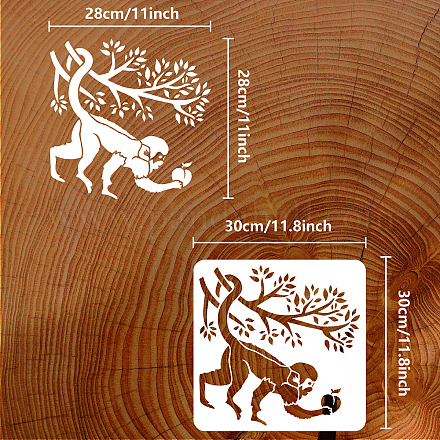 FINGERINSPIRE Monkey Painting Stencil 11.8x11.8inch Reusable Monkey Picking Peaches Pattern Stencil DIY Art Tree Plants Animal Drawing Template Painting on Wood DIY-WH0391-0249-1