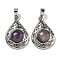 Natural Amethyst Pendants, Rack Plating Brass Hollow Teardrop Charms, Cadmium Free & Lead Free, Platinum, 29.5x19.5x7.5mm, Hole: 7.5x5mm