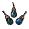 Natural Blue Banded Agate(Dyed & Heated) Pendants, Brass Teardrop Charms, Red Copper, Lead Free & Cadmium Free, 31x15x8mm, Hole: 5x7.5mm