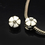 Perles européennes alliage émail fleur de style grand trou, argent antique, blanc, 10x11mm, Trou: 4mm