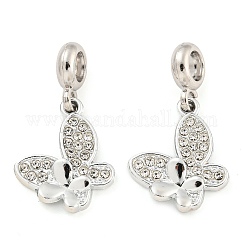Encantos colgantes europeos de insectos con rhinestone de cristal pavé de aleación chapado en estante, Grandes colgantes agujero, Platino, Sin cadmio y níque y plomo, mariposa, 31mm, agujero: 4.7 mm, mariposa: 21x17.5x3 mm