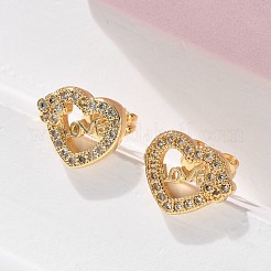 Boucles d'oreilles à tige en laiton avec micro pavé de zircons cubiques transparents en forme de cœur avec mot amour pour la Saint-Valentin&nbsp;EJEW-D305-22G-01