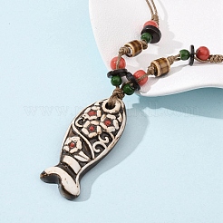 Collane con ciondolo a forma di pesce in ceramica e cordino cerato regolabile per donna&nbsp;LS-NJEW-B146-04