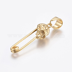 304 Stainless Steel Pendants Rhinestone Setting, Safety Pin with Skull, Golden, Fit For 4mm Rhinestone, 44.5x11x11.5mm, Hole: 12x6mm