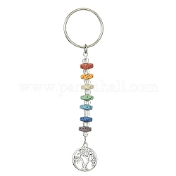 Chakra Natural Lava Rock & Alloy Tree of Life Pendant Keychain, with Iron Split Key Rings, Antique Silver, 10cm
