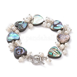 Heart Natural Abalone Shell/Paua Shell Beaded Bracelets, with Natural Pearl Beads and 304 Stainless Steel Toggle Clasps, Colorful, 7-1/2 inch(19cm)