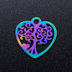 Ion Plating(IP) 201 Stainless Steel Pendants, Heart with Tree of Life, Rainbow Color, 15.5x15.5x1mm, Hole: 1.8mm