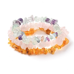 Chips ambre naturel et fluorite et quartz rose ensembles de bracelets extensibles avec perles, bracelets empilables, diamètre intérieur: 2-1/8 pouce (5.5 cm), 3 pièces / kit