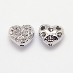 Ottone micro spianare zirconi perle cave, cadmio & nichel &piombo libero, cuore, Vero platino placcato, 8x9x5mm, Foro: 1 mm