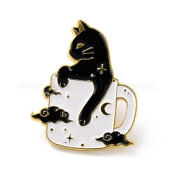 Katze in der Tasse Emaille-Pin, süße Legierungs-Emaille-Brosche für Rucksäcke Kleidung, Licht Gold, weiß, 30x24x9.5 mm