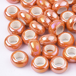 Perles de porcelaine plaquées, Perles avec un grand trou   , de couleur plaquée ab , rondelle, corail, 12~13x6.5mm, Trou: 6mm