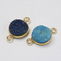 Electroplated Natural & Dyed Druzy Agate Links connectors, with Golden Tone Brass Findings, Flat Round, Mixed Color, 21~21.5x13x4~6.5mm, Hole: 2mm