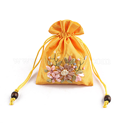 Sacchetti per imballaggio di gioielli in raso con motivo floreale, sacchetti regalo con coulisse, rettangolo, oro, 14x10.5cm