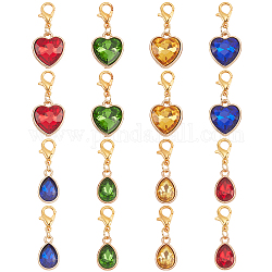 16Pcs 2 Style Alloy with Glass Rhinestone Pendant Decorations, with Alloy Lobster Claw Clasps, Teardrop & Heart, Mixed Color, 2.8~3cm, 8pcs/style
