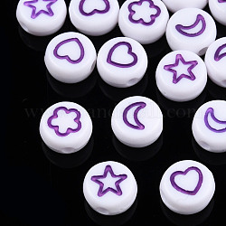Perles acryliques opaques blanches, plat rond avec coeur & fleur & lune & étoile, violet foncé, 7x4mm, Trou: 1.6mm